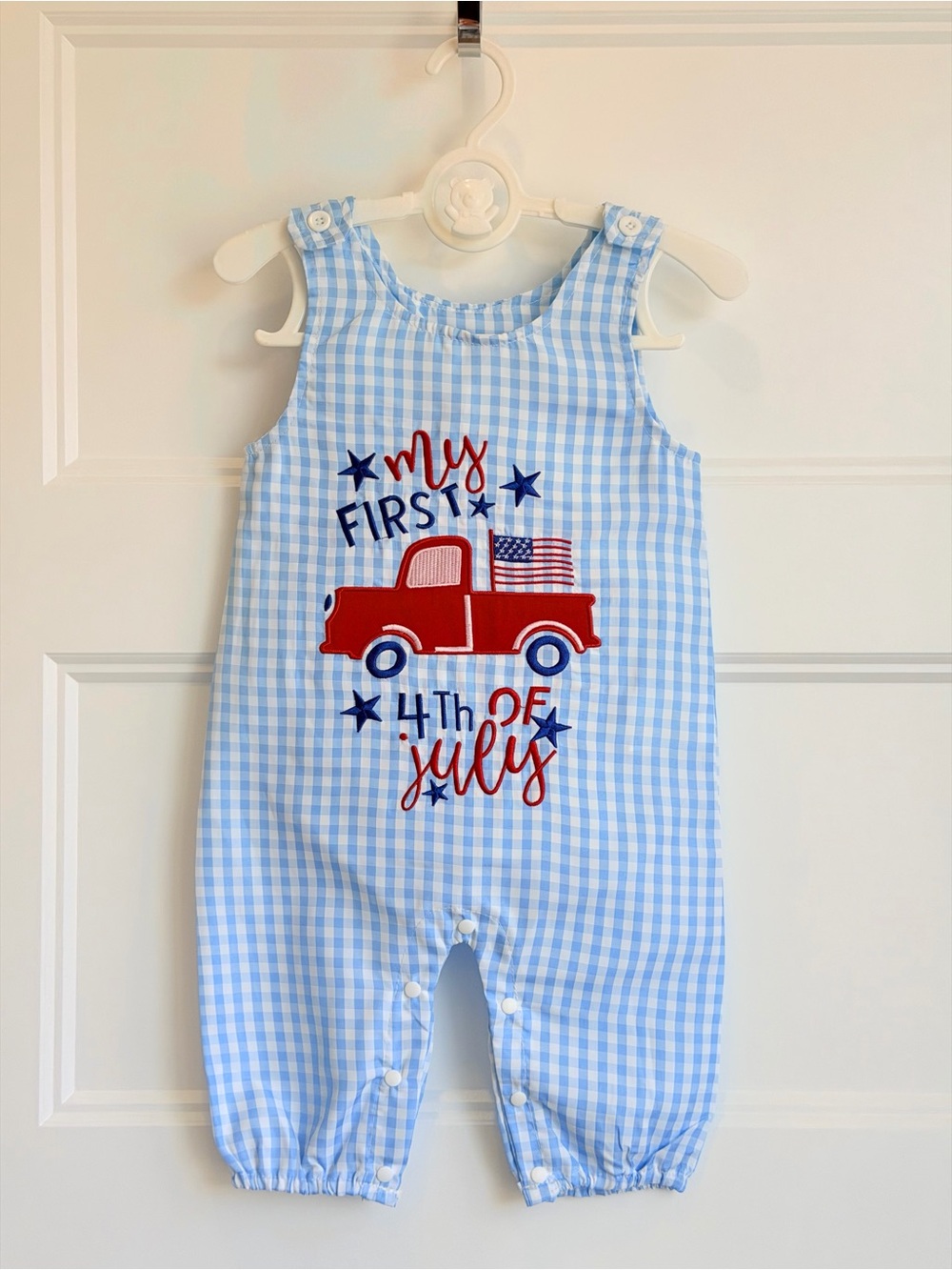 Baby Blue Gingham "My First 4th of July" One-Piece Romper